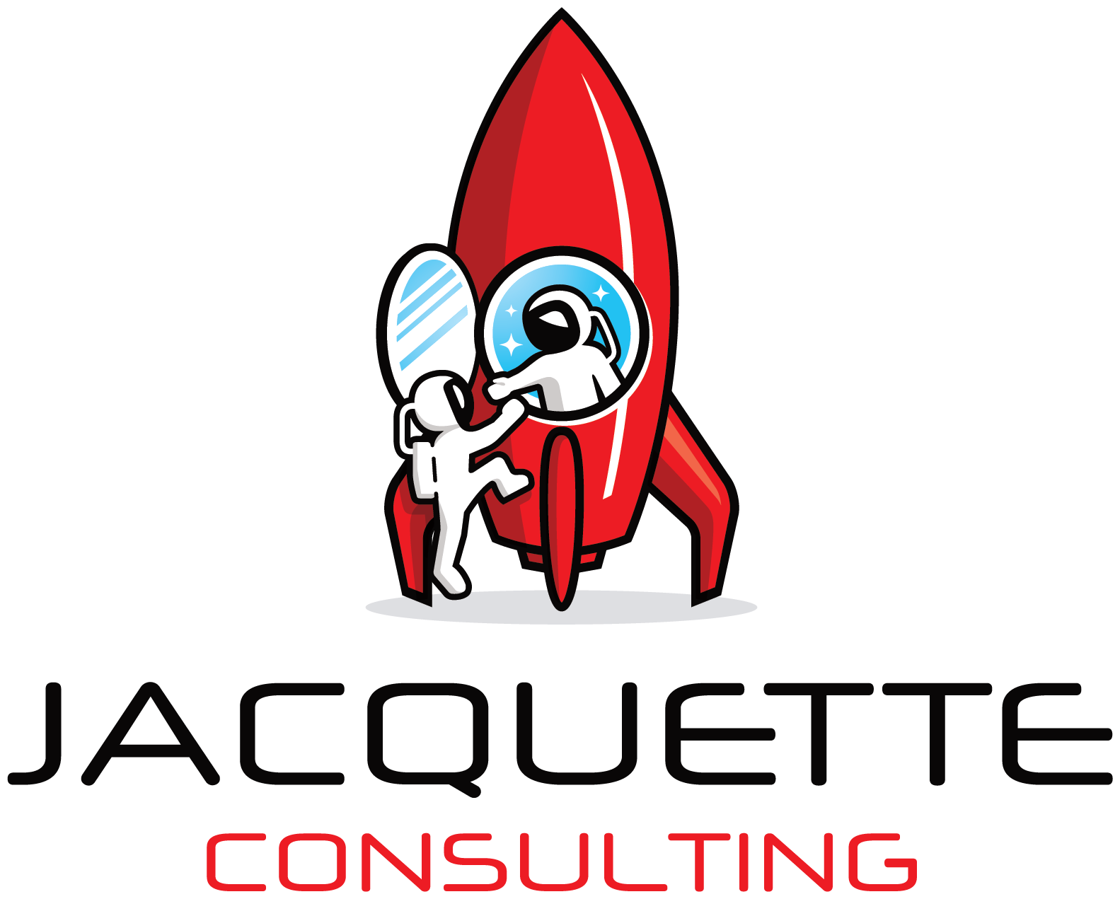 Jacquette Consulting's red rocket logo, showing one astronaut helping another into the rocket